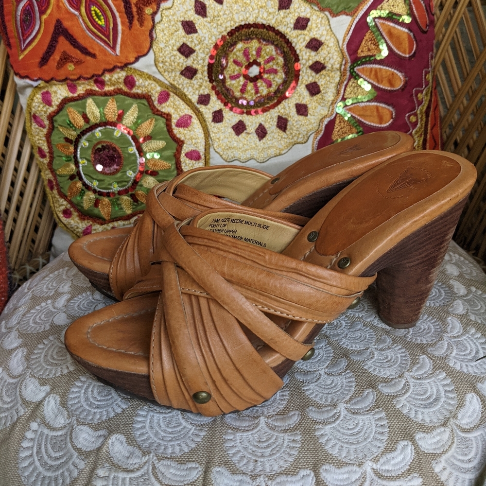 Frye 7.5 Reese Multi Slide Brown Leather Sandal